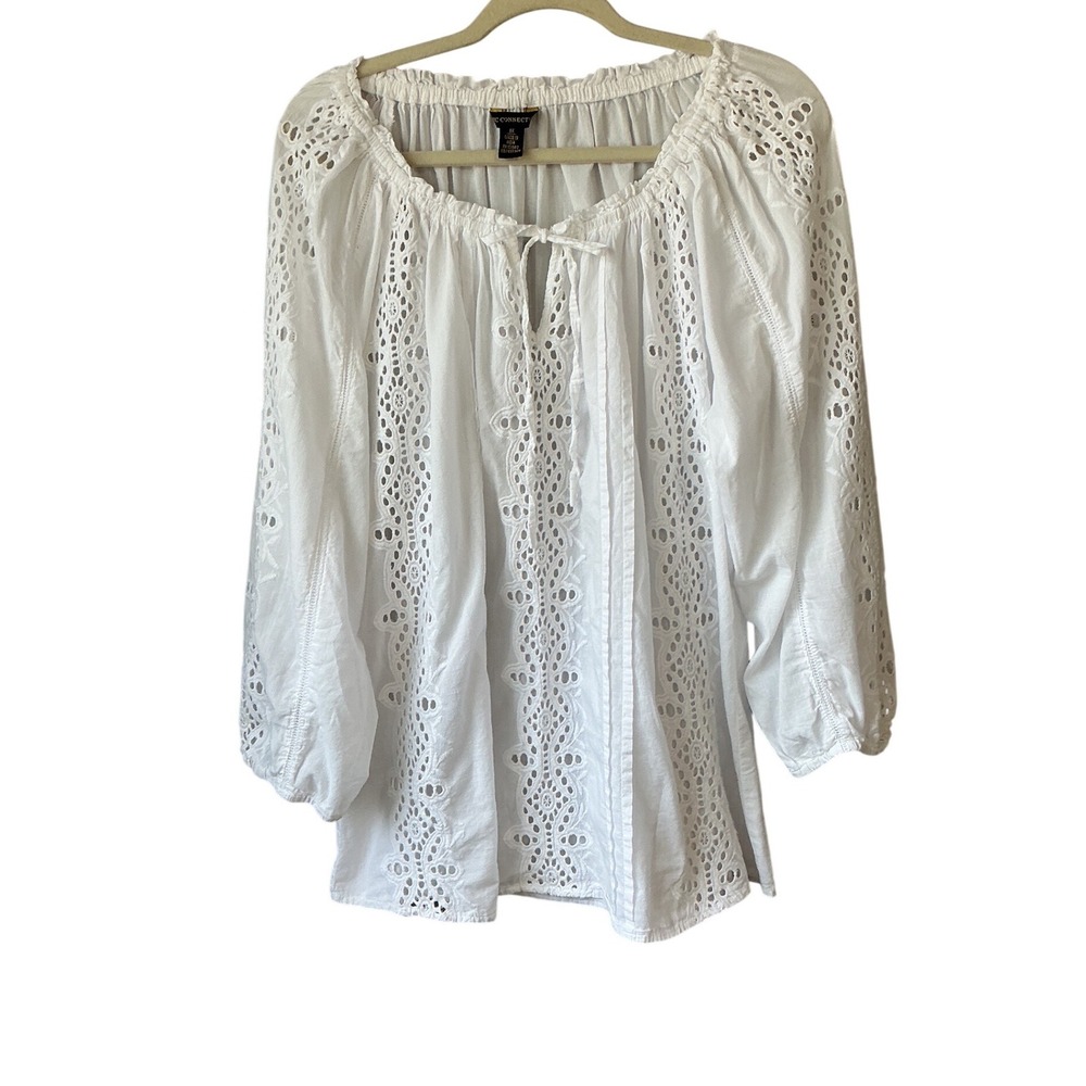 Chic Connection White Eyelet Cotton Peasant Blouse Boho Tie Neck Top Womens 1X